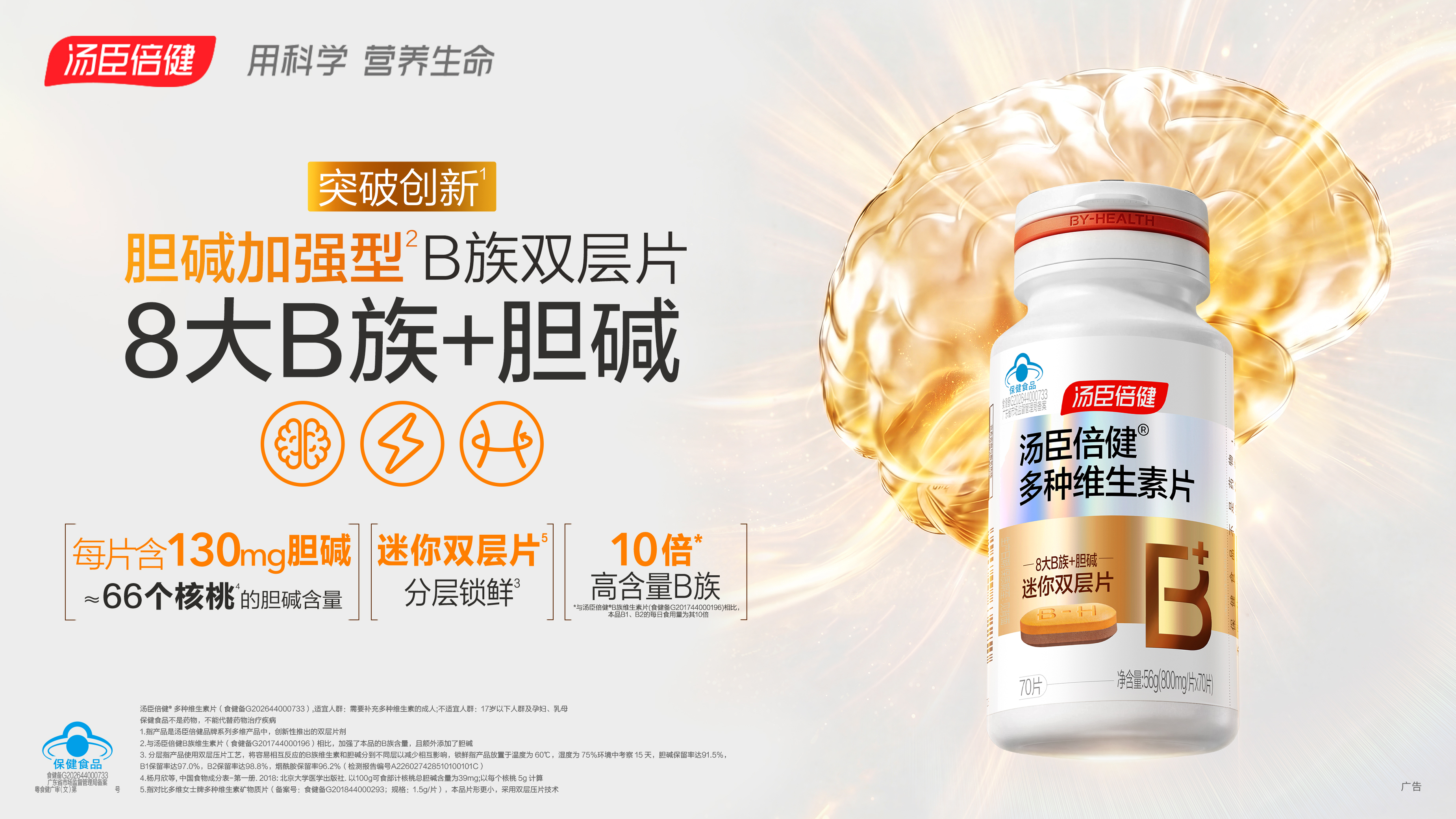 突破创新双层片，130mg胆碱+高含量8大B族， 迷你双层片分层锁鲜，保留活性，高效补充