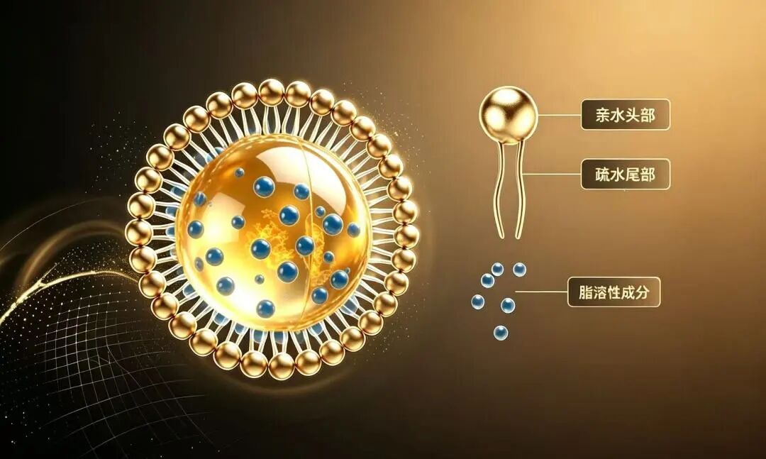 磷脂分子包裹脂溶性成分示意